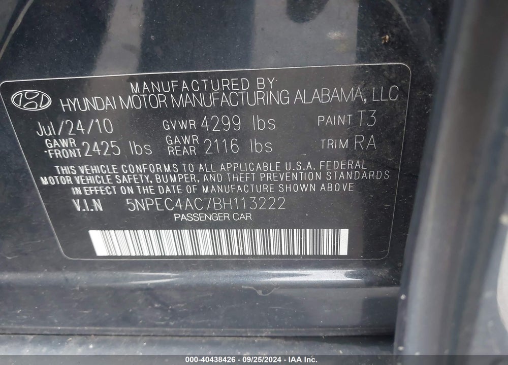 2011 HYUNDAI SONATA SE VIN: 5NPEC4AC7BH113222