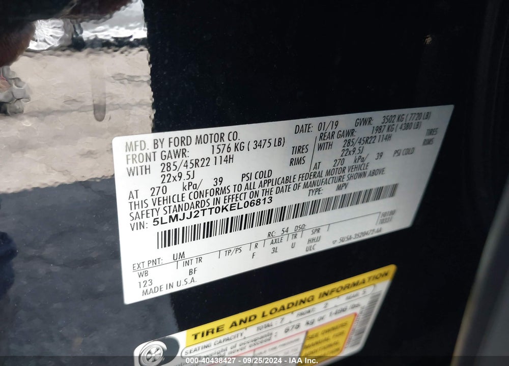 2019 LINCOLN NAVIGATOR BLACK LABEL VIN: 5LMJJ2TT0KEL06813