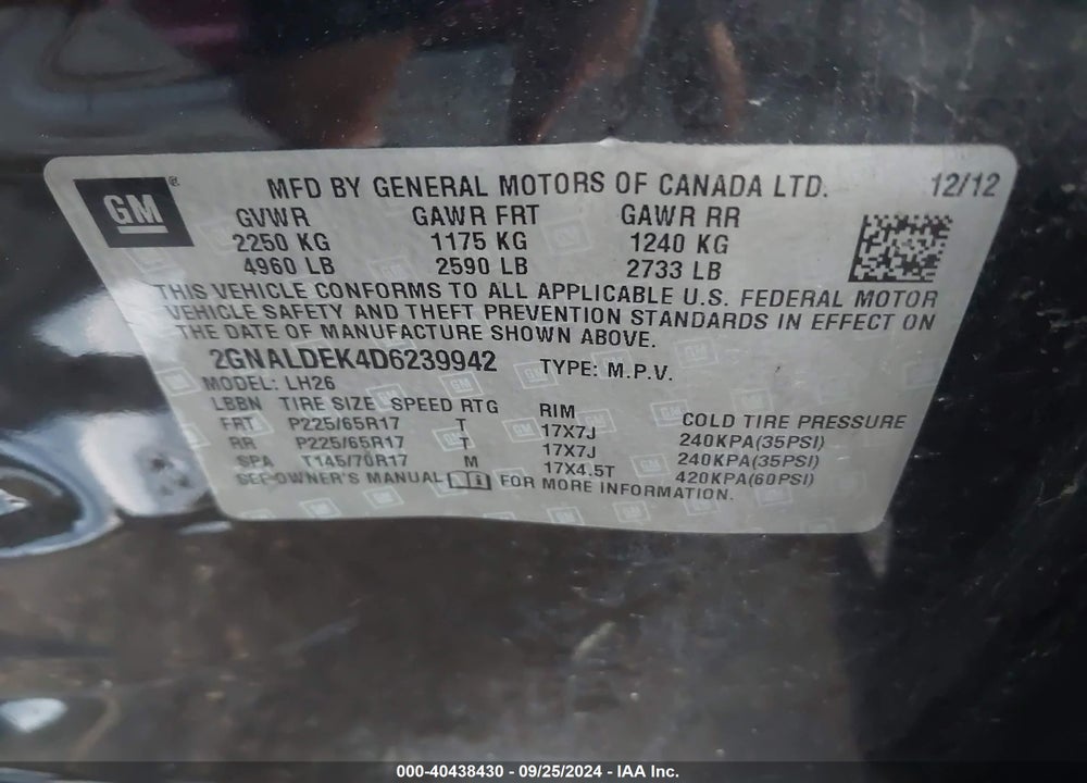 2013 CHEVROLET EQUINOX 1LT VIN: 2GNALDEK4D6239942