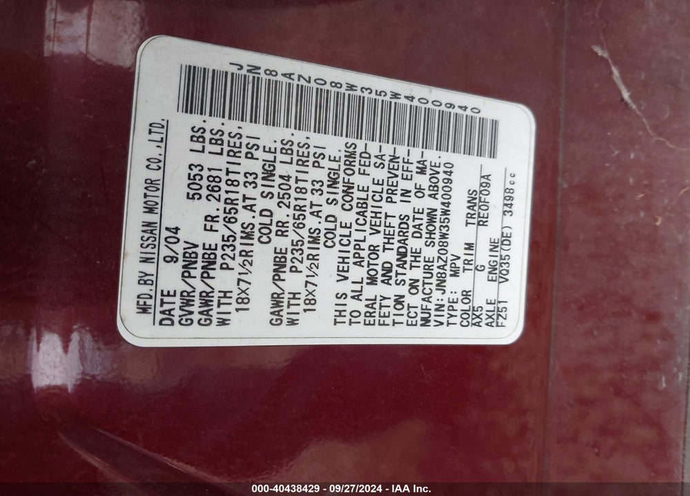 2005 NISSAN MURANO SL VIN: JN8AZ08W35W400940