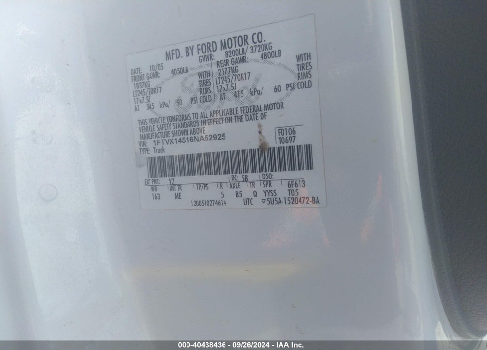 2006 FORD F150 VIN: 1FTVX14516NA52925