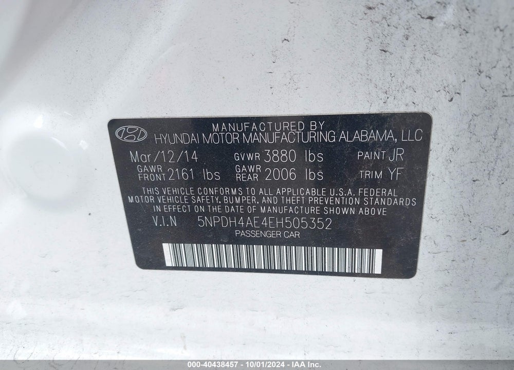 2014 HYUNDAI ELANTRA SE VIN: 5NPDH4AE4EH505352