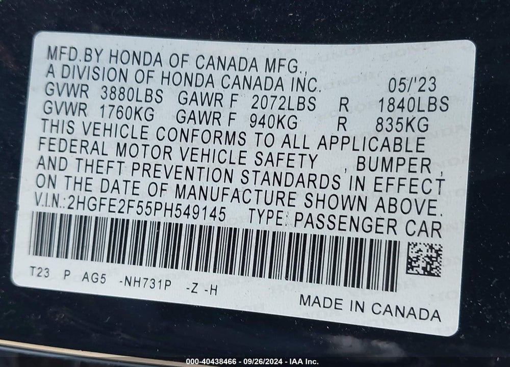 2023 HONDA CIVIC SPORT VIN: 2HGFE2F55PH549145