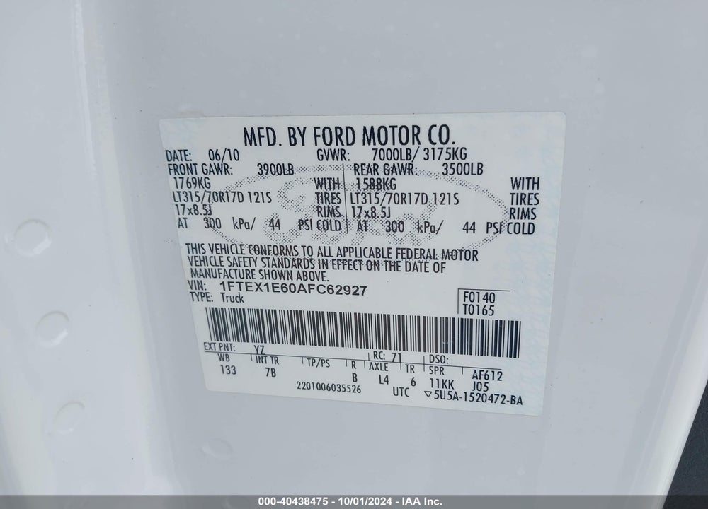 2010 FORD F-150 SVT RAPTOR VIN: 1FTEX1E60AFC62927