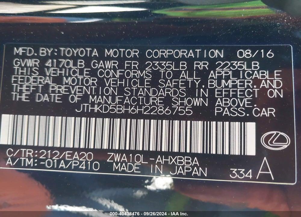 2017 LEXUS CT 200H VIN: JTHKD5BH6H2286755