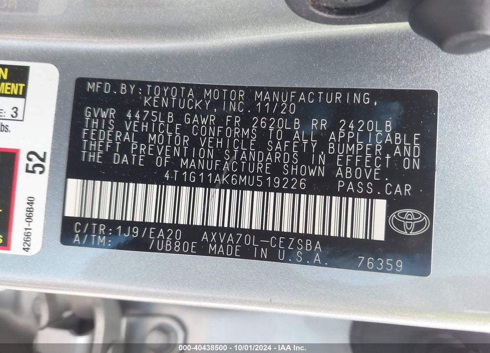 2021 TOYOTA CAMRY SE VIN: 4T1G11AK6MU519226