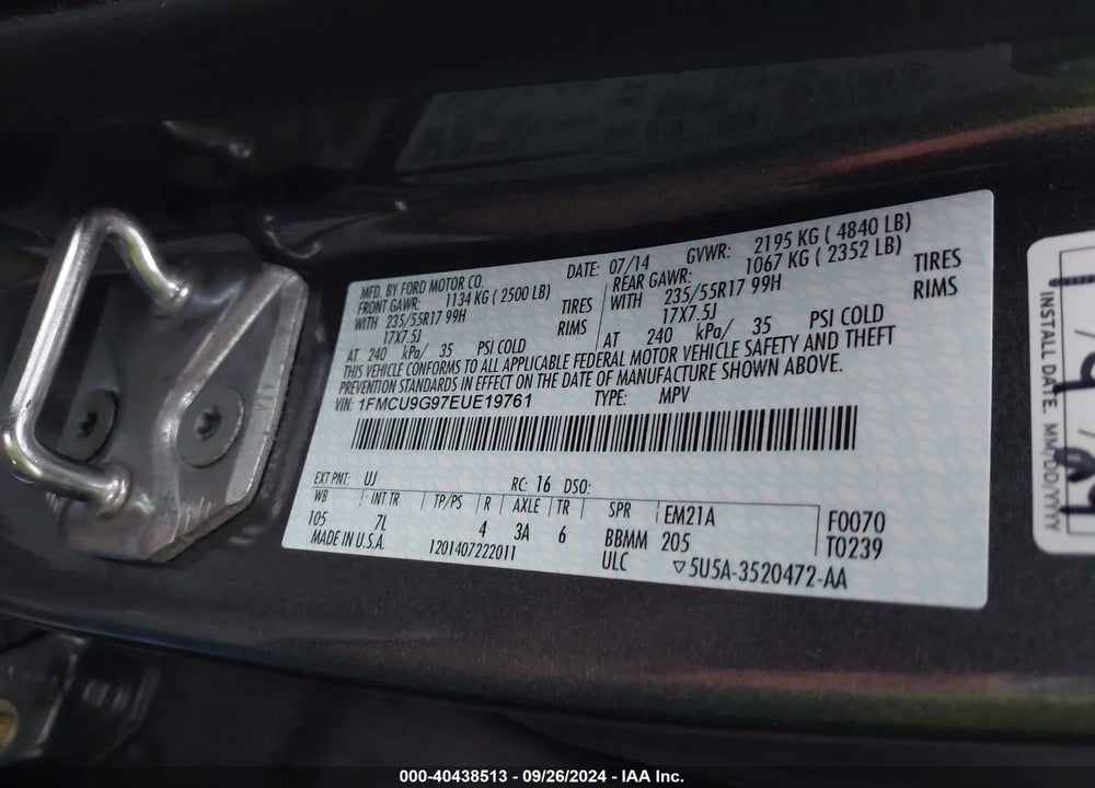 2014 FORD ESCAPE SE VIN: 1FMCU9G97EUE19761