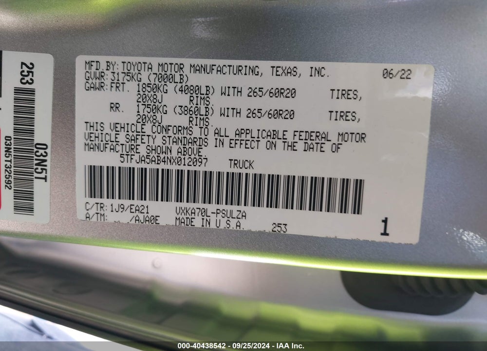 2022 TOYOTA TUNDRA LIMITED VIN: 5TFJA5AB4NX012097