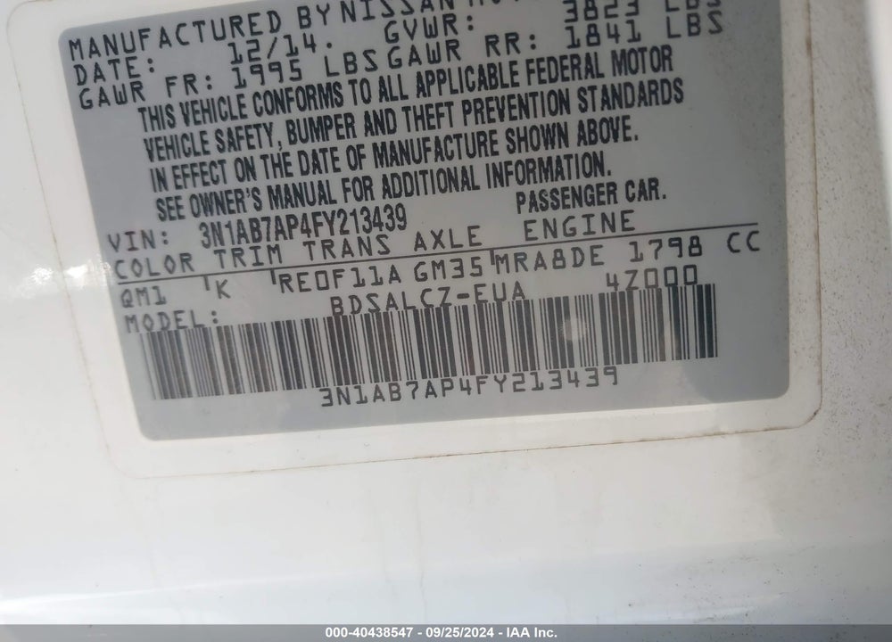 2015 NISSAN SENTRA S VIN: 3N1AB7AP4FY213439
