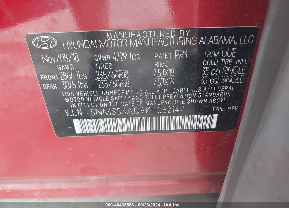 2019 HYUNDAI SANTA FE ULTIMATE VIN: 5NMS53AD9KH062142