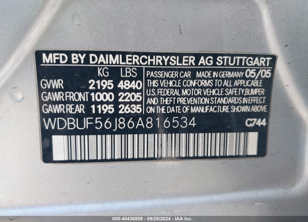 2006 MERCEDES-BENZ E 350 VIN: WDBUF56J86A816534