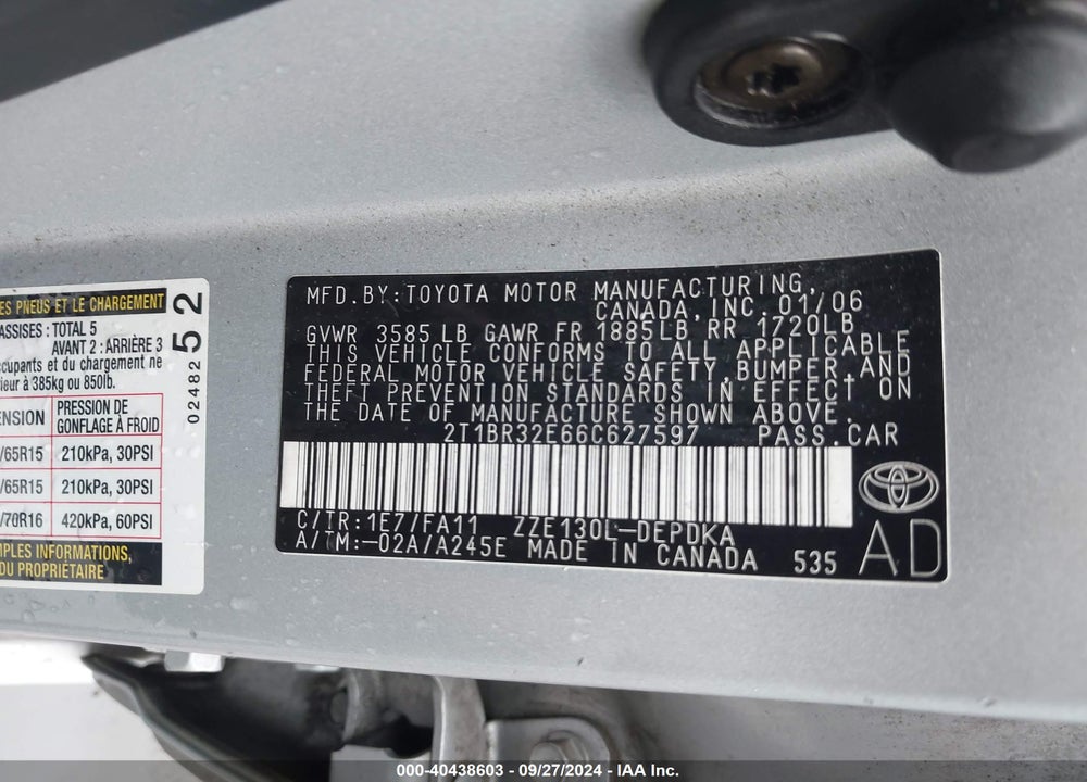 2006 TOYOTA COROLLA CE VIN: 2T1BR32E66C627597