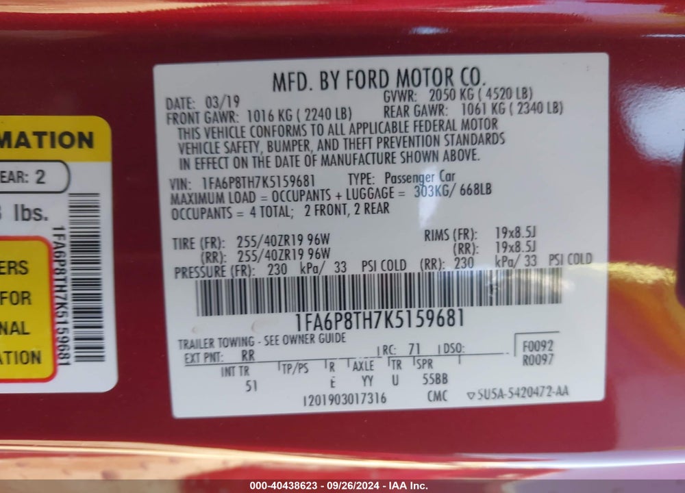2019 FORD MUSTANG ECOBOOST PREMIUM VIN: 1FA6P8TH7K5159681