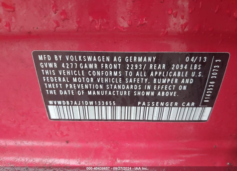 2013 VOLKSWAGEN GOLF 2.5L 4-DOOR VIN: WVWDB7AJ1DW133655
