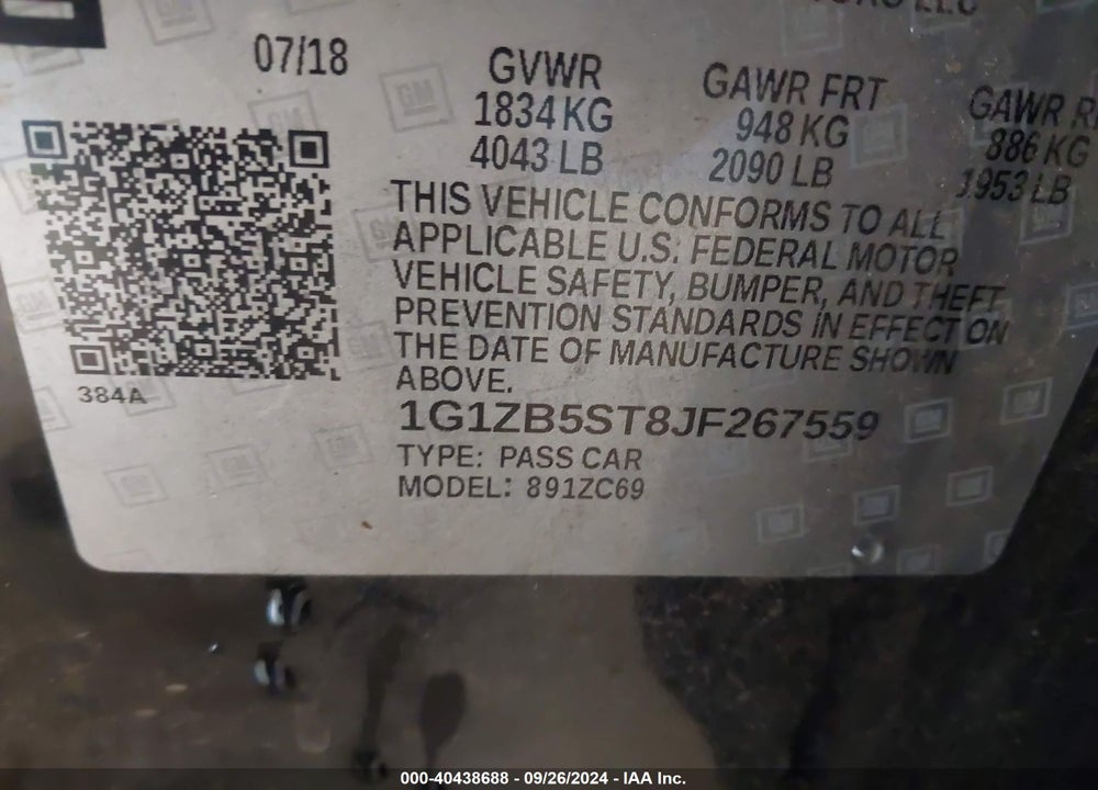 2018 CHEVROLET MALIBU 1LS VIN: 1G1ZB5ST8JF267559