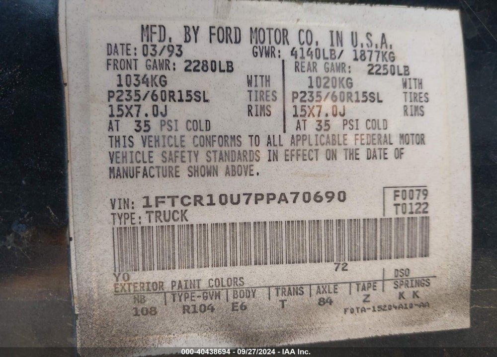 1993 FORD RANGER VIN: 1FTCR10U7PPA70690