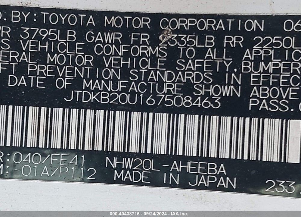2006 TOYOTA PRIUS VIN: JTDKB20U167508463