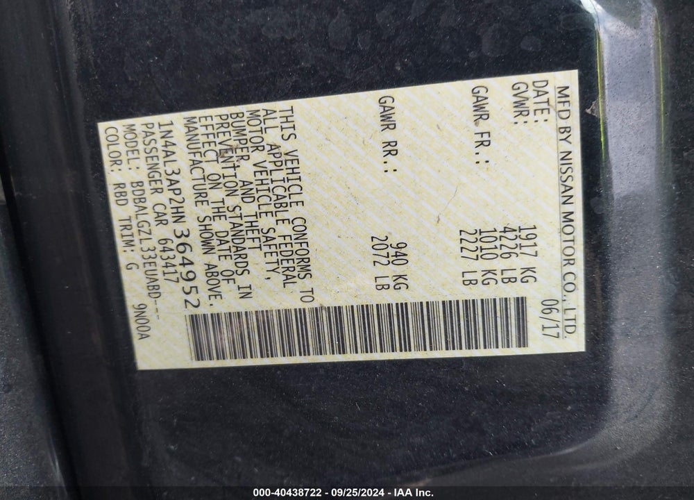 2017 NISSAN ALTIMA 2.5 S VIN: 1N4AL3AP2HN364952