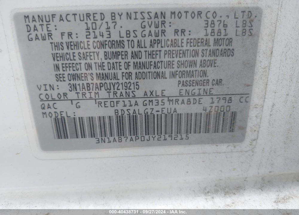 2018 NISSAN SENTRA SL VIN: 3N1AB7AP0JY219215