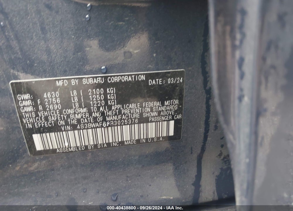 2024 SUBARU LEGACY PREMIUM VIN: 4S3BWAF68R3025376