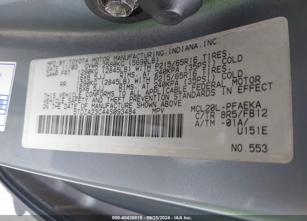 2004 TOYOTA SIENNA LE VIN: 5TDZA23C44S093484