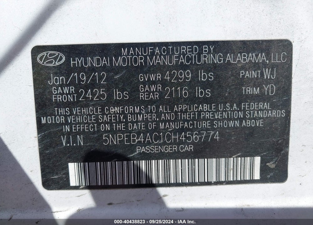 2012 HYUNDAI SONATA GLS VIN: 5NPEB4AC1CH456774