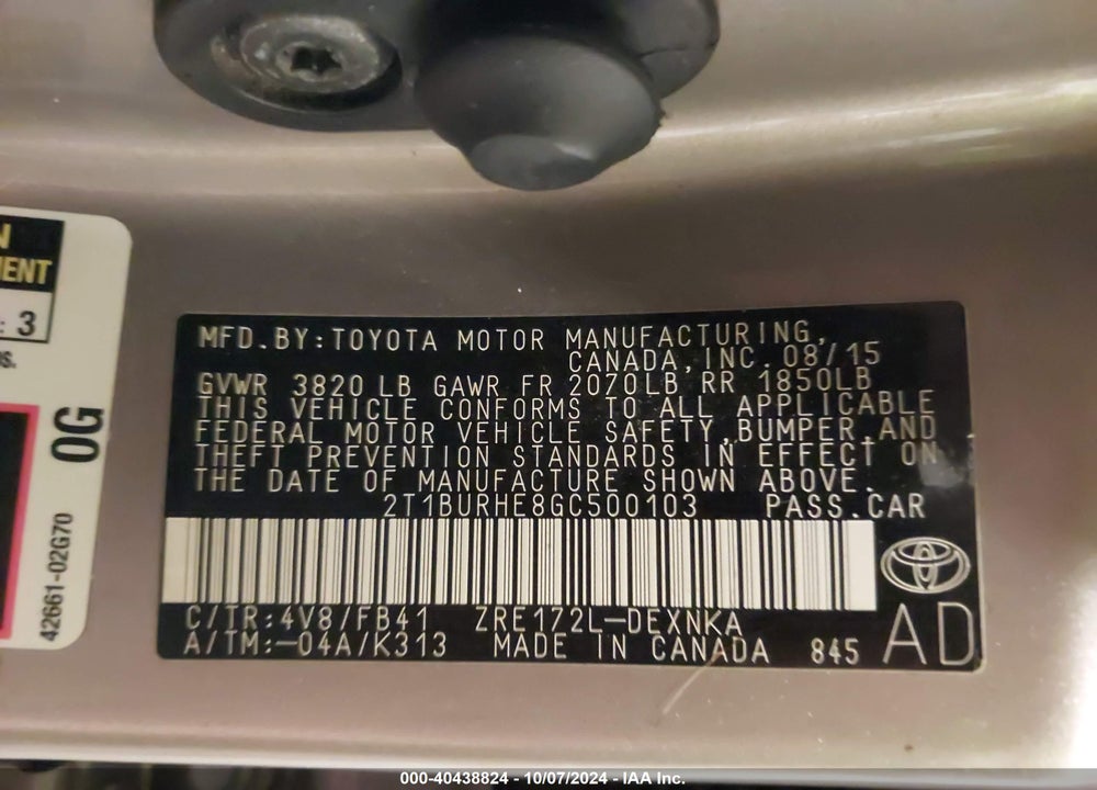 2016 TOYOTA COROLLA LE VIN: 2T1BURHE8GC500103
