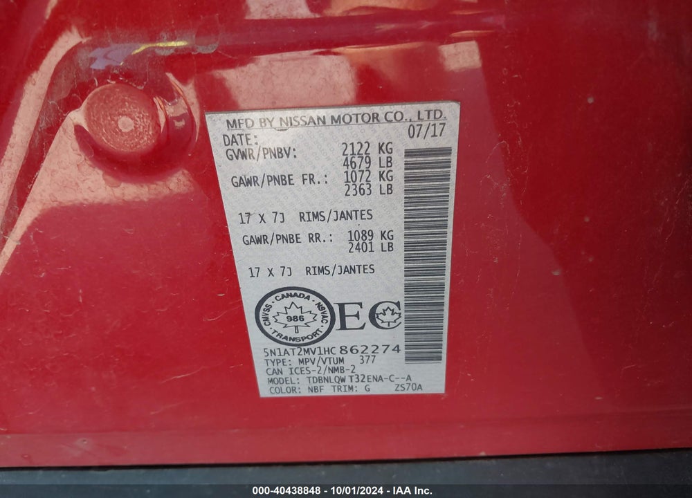 2017 NISSAN ROGUE S/SL/SV VIN: 5N1AT2MV1HC862274