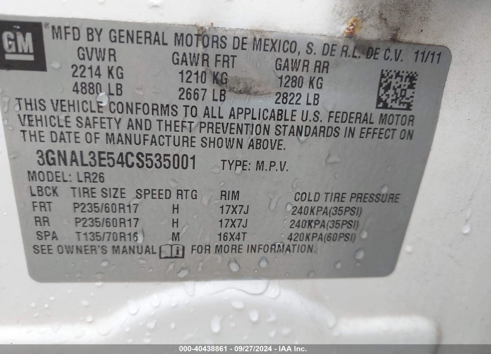 2012 CHEVROLET CAPTIVA SPORT LT VIN: 3GNAL3E54CS535001