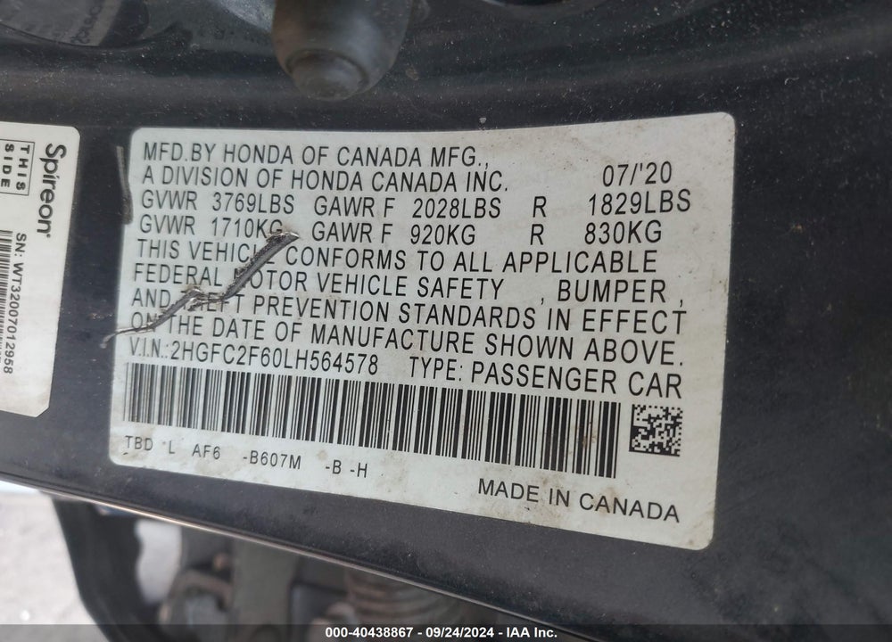 2020 HONDA CIVIC LX VIN: 2HGFC2F60LH564578