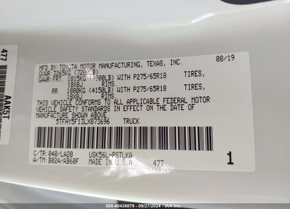 2020 TOYOTA TUNDRA 4WD LIMITED VIN: 5TFHY5F13LX873696