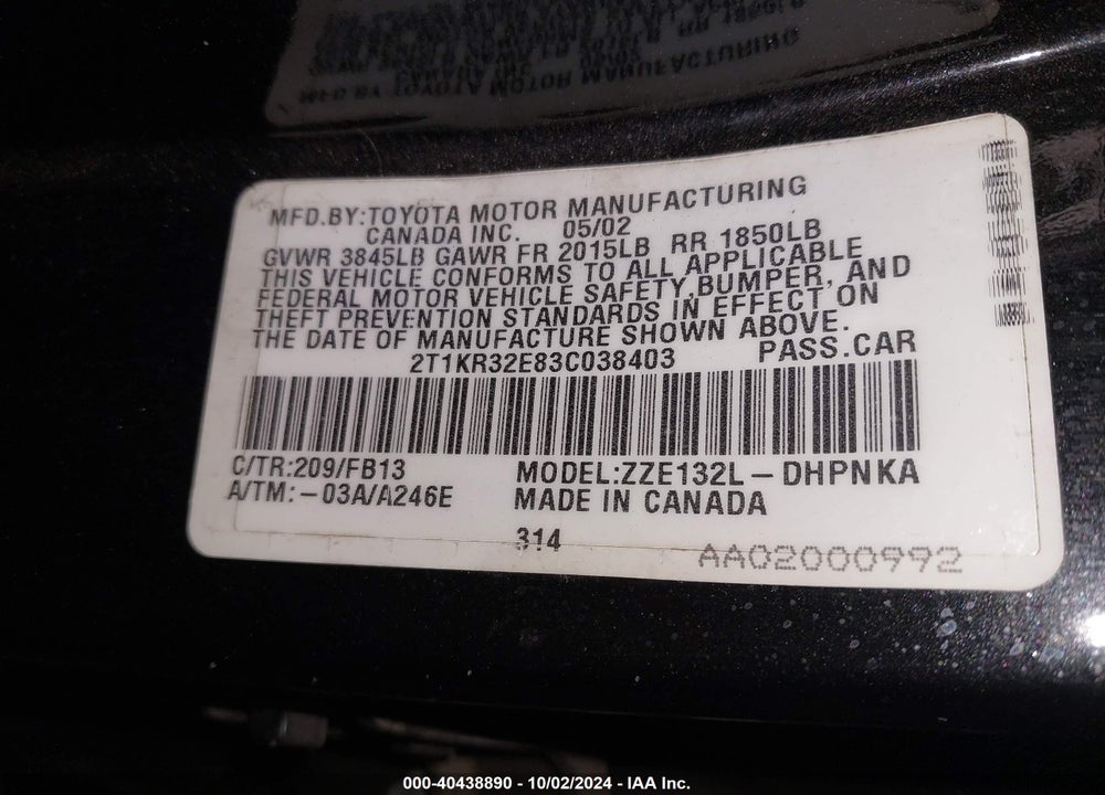 2003 TOYOTA MATRIX/XR VIN: 2T1KR32E83C038403