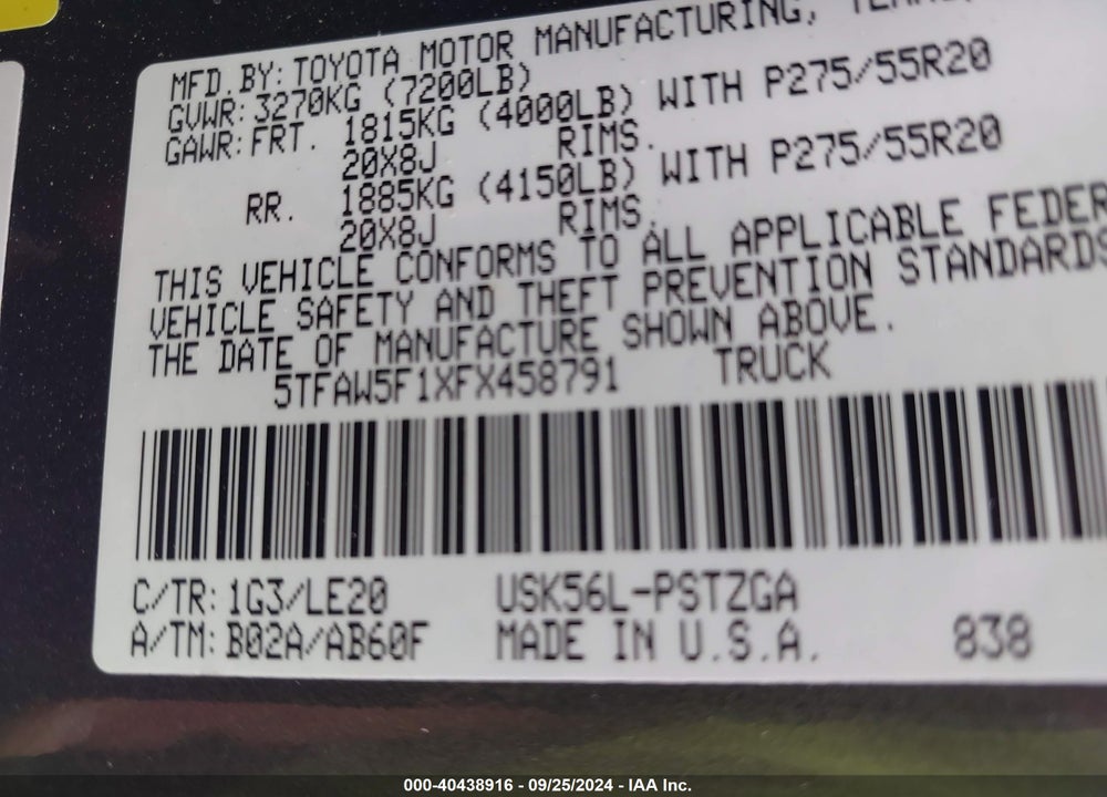 2015 TOYOTA TUNDRA PLATINUM 5.7L V8 VIN: 5TFAW5F1XFX458791