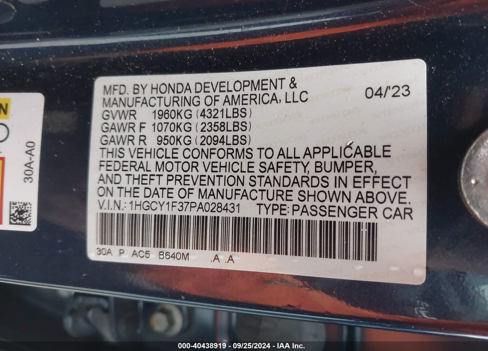 2023 HONDA ACCORD EX VIN: 1HGCY1F37PA028431