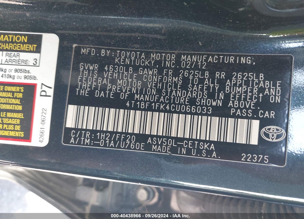 2012 TOYOTA CAMRY SE VIN: 4T1BF1FK4CU066033