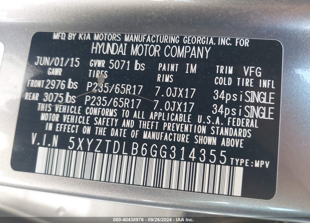 2016 HYUNDAI SANTA FE SPORT 2.4L VIN: 5XYZTDLB6GG314355