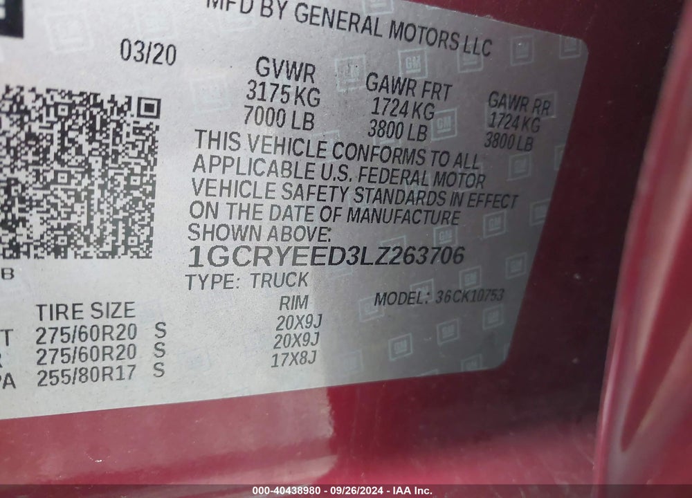 2020 CHEVROLET SILVERADO 1500 VIN: 1GCRYEED3LZ263706