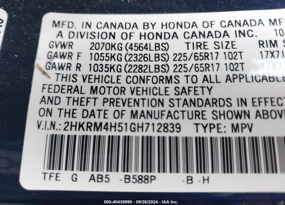 2016 HONDA CR-V EX VIN: 2HKRM4H51GH712839