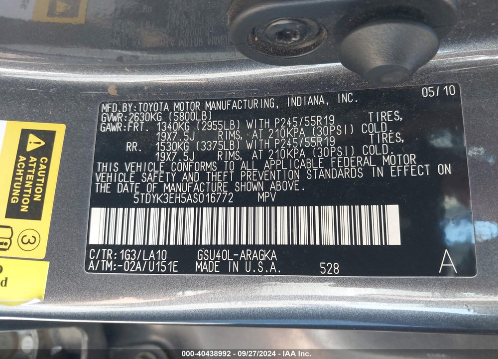 2010 TOYOTA HIGHLANDER LIMITED V6 VIN: 5TDYK3EH5AS016772