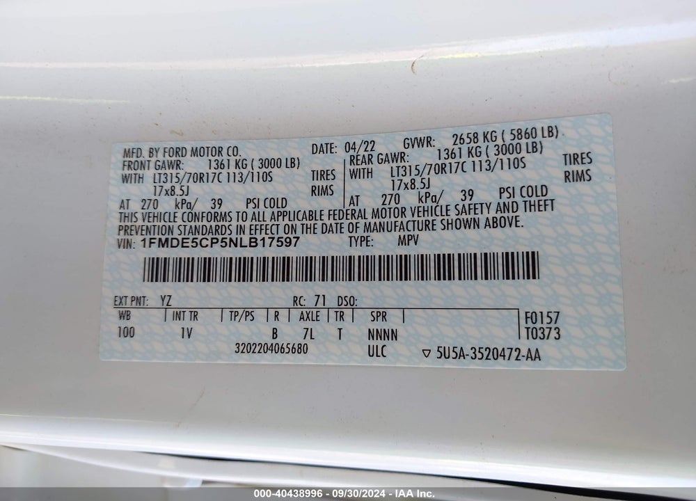 2022 FORD BRONCO BADLANDS VIN: 1FMDE5CP5NLB17597
