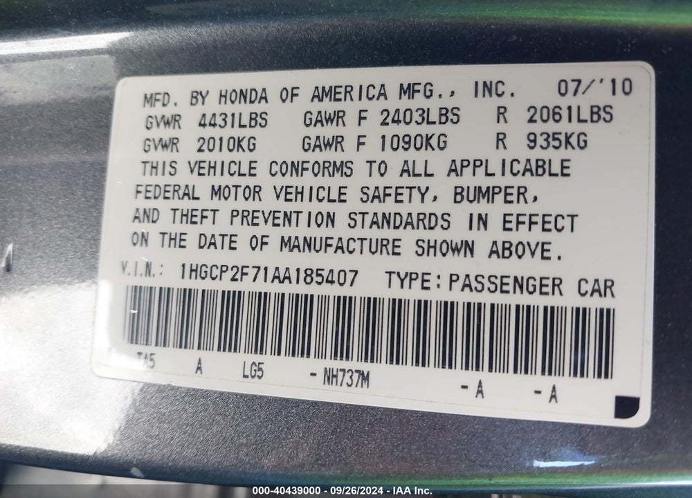 2010 HONDA ACCORD 2.4 EX VIN: 1HGCP2F71AA185407