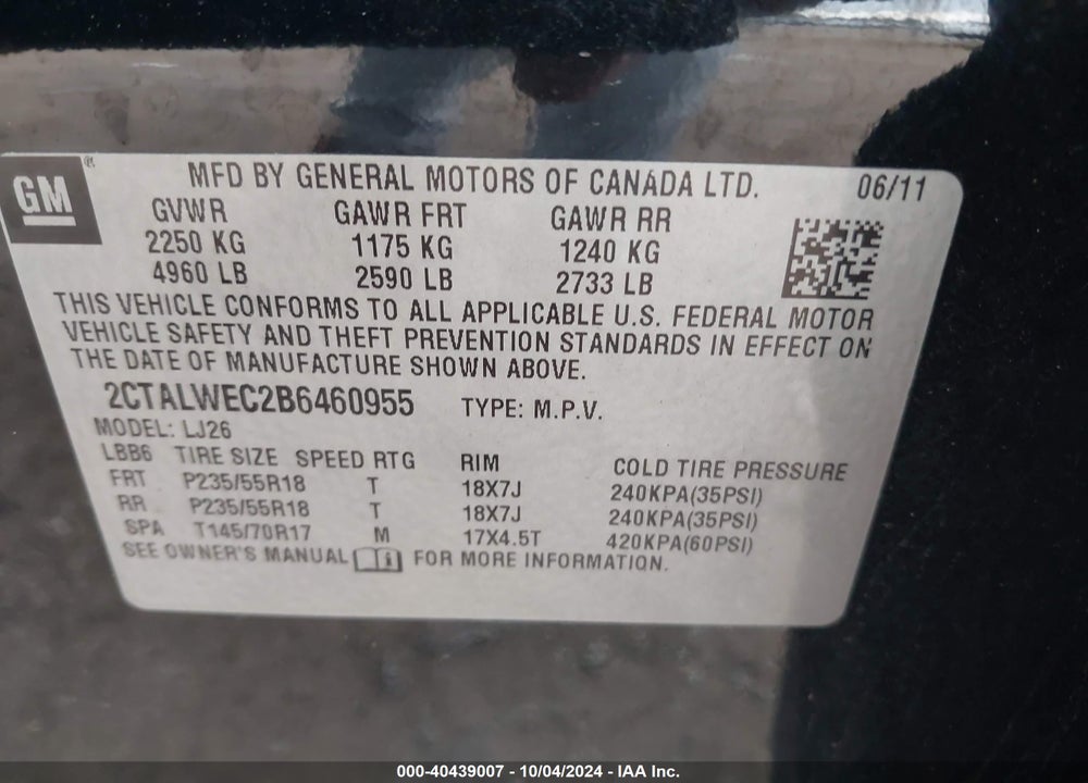 2011 GMC TERRAIN SLT-2 VIN: 2CTALWEC2B6460955