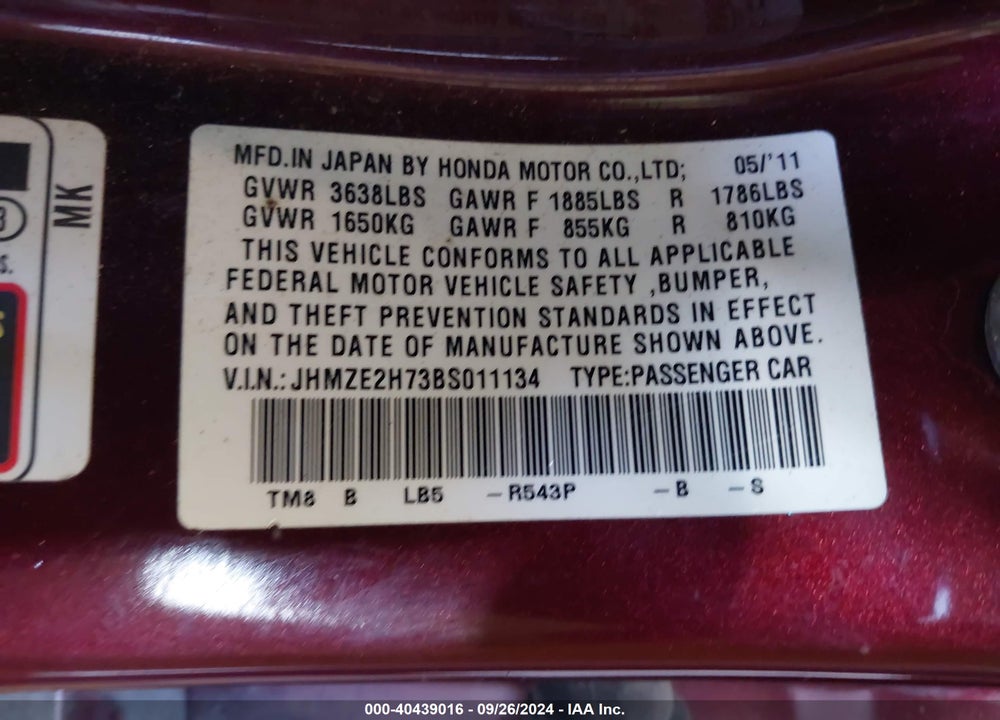 2011 HONDA INSIGHT EX VIN: JHMZE2H73BS011134