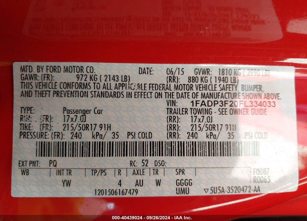 2015 FORD FOCUS SE VIN: 1FADP3F20FL334033