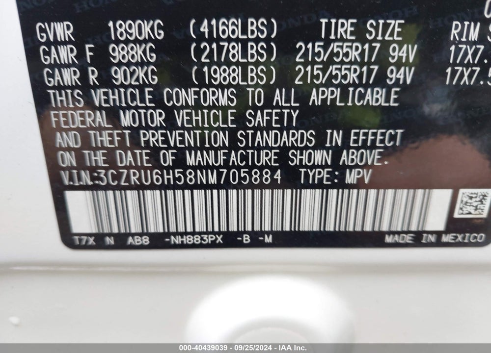 2022 HONDA HR-V VIN: 3CZRU6H58NM705884