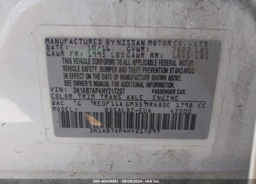 2017 NISSAN SENTRA SV VIN: 3N1AB7AP4HY217297