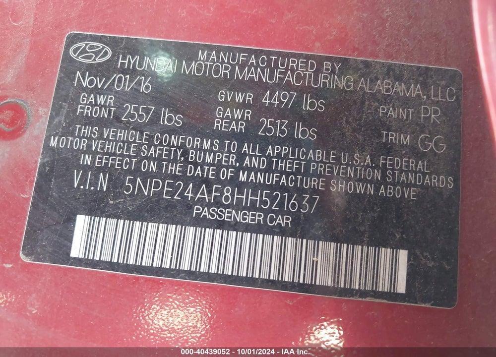 2017 HYUNDAI SONATA VIN: 5NPE24AF8HH521637