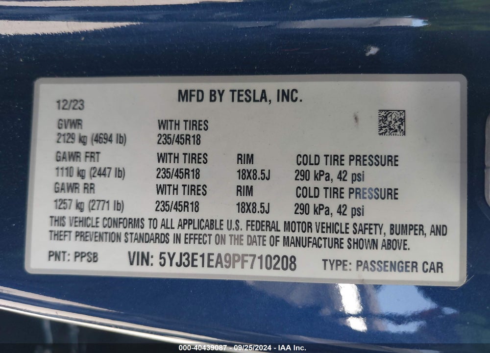 2023 TESLA MODEL 3 REAR-WHEEL DRIVE VIN: 5YJ3E1EA9PF710208