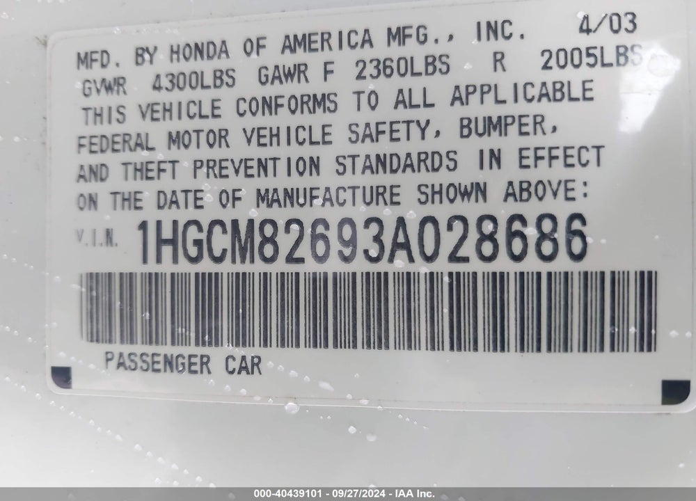 2003 HONDA ACCORD 3.0 EX VIN: 1HGCM82693A028686