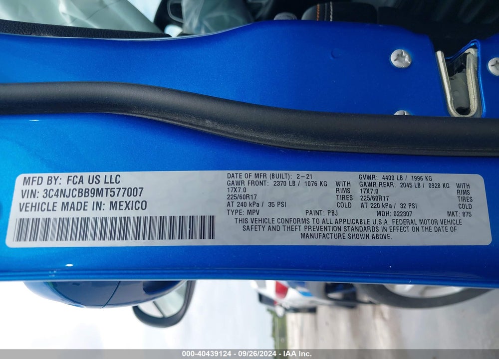 2021 JEEP COMPASS LATITUDE FWD VIN: 3C4NJCBB9MT577007